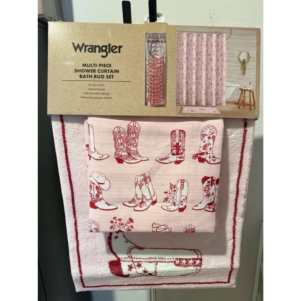 Wrangler Pink and Red Cowboy Boot Shower Curtain & Bath Rug Set